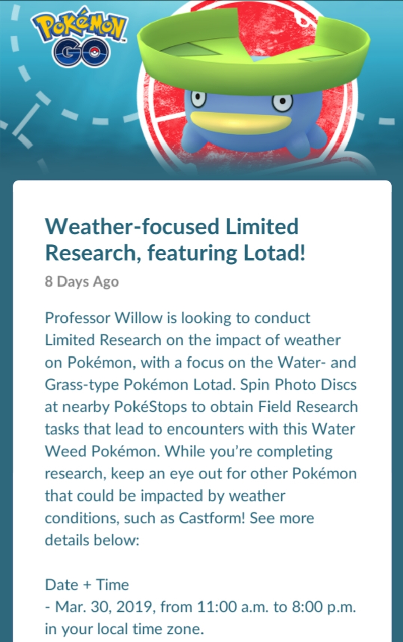 Illustration for article titled Pokemon Go--Lotad Limited Research Day